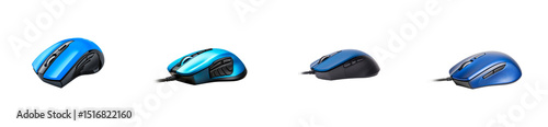 Four computer mouses in a row, side view, peripheral device, cut out transparent