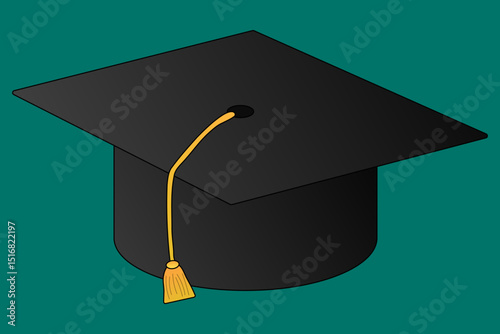 Graduation cap with golden tassel on green background. Academic mortarboard cartoon vector illustration. For back to school stationery concept, education visual, educational theme, and classroom decor