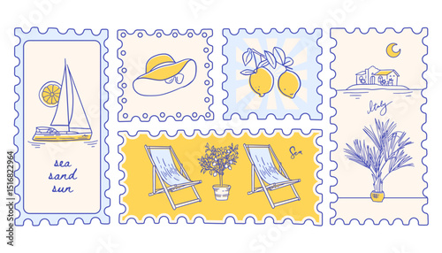Vintage Italian summer vacation postage stamps set. Hand drawn retro frame or border element design, elegant scenes or Sicilia or amalfi badge with lemons. Vector travel linear summer engraving style