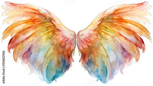 Light and airy Watercolor Phoenix Wings in Warm tones Colors, Whimsical Style, Cut Out, Hand Drawn PNG Illustration with Transparent Background, Clipart Design for Event posters