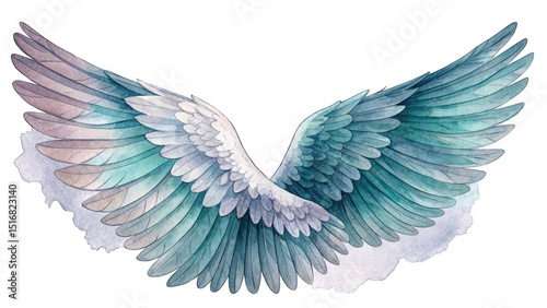 Ethereal Watercolor Bird Wings in Cool tones Colors, Abstract Style, Cut Out, Hand Drawn PNG Illustration with Transparent Background, Clipart Design for Scrapbooking
