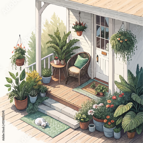 Sunny Isometric Porch with Lush Potted Plants, Wicker Chair, and a Peaceful Dog, Evoking Tranquil Outdoor Relaxation