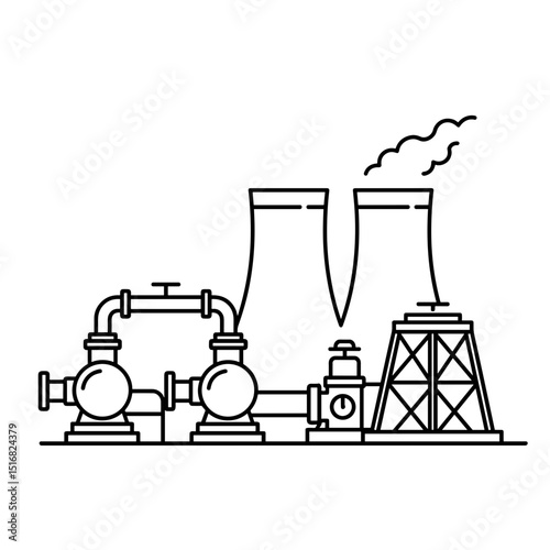 Nuclear industry icon with cooling water plant in outline style  