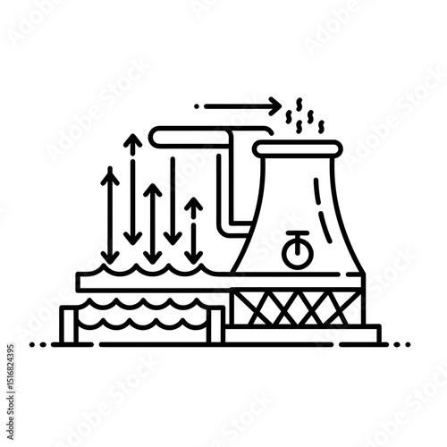 Nuclear industry icon with cooling water concept in line art style  
