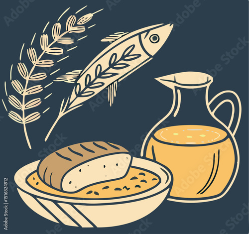Hand drawn food illustrations wheat fish bread oil jar still life