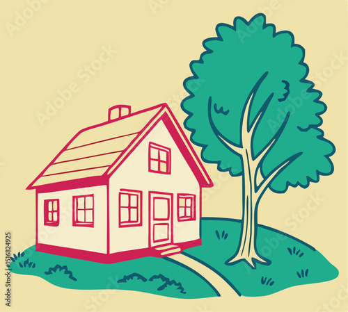 Hand drawn cottage with lush green tree and scenic landscape