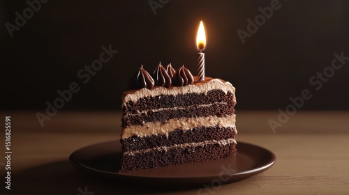 Chocolate layered cake slice with a burning candle