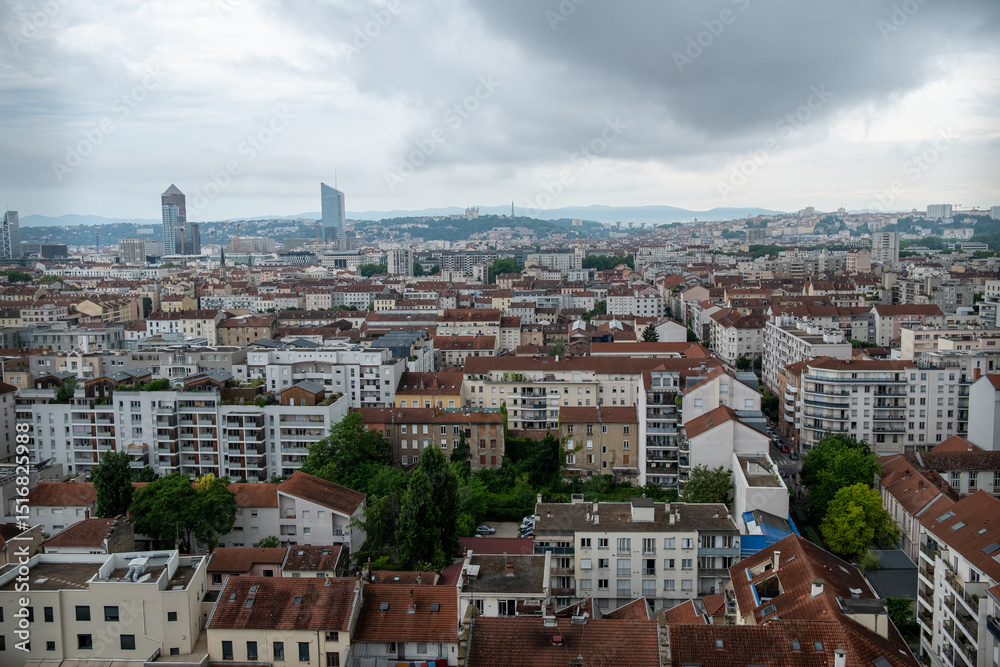 Obraz premium Panoramic Skyline of Lyon with View on Part-Dieu and Fourvière Hill