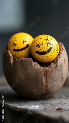 Joyful yellow smiley faces nestled in a rustic wooden bowl create a cheerful atmosphere