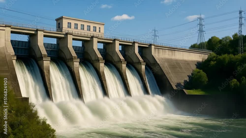 Water rushes powerfully from the gates of a hydroelectric dam. The sun shines brightly above, illuminating the rushing water and surrounding vegetation while power lines stretch into the distance Water rushes powerfully from the gates of a hydroelectric dam. The sun shines brightly above, illuminating the rushing water and surrounding vegetation while power lines stretch into the distance