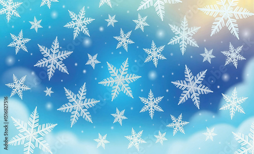 Winter Snowflakes Falling on Soft Blue Sky Vector Illustration

