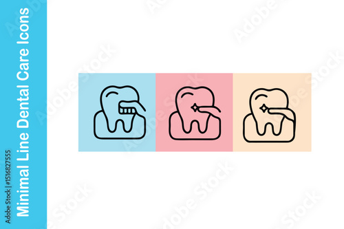 Minimal Line Dental Care Icons – Tooth Brushing, Oral Checkup & Hygiene – Colorful Flat Style