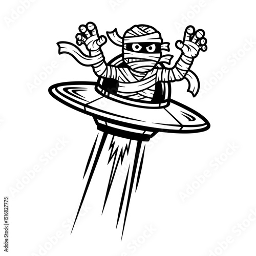 Funny Mummy Character Flying in UFO Spaceship Cartoon Illustration