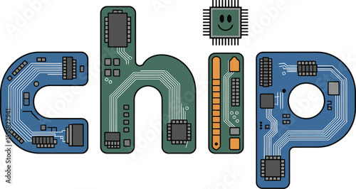 Illustrated word chip formed from circuit board designs on a light beige background surface art