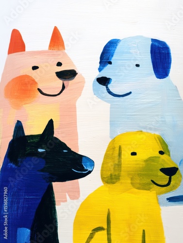 Colorful abstract painting of four playful dogs displayed on a bright background