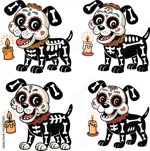 Four Cartoon Dogs with Skeleton Body Paint, Sugar Skull Faces, and Candles