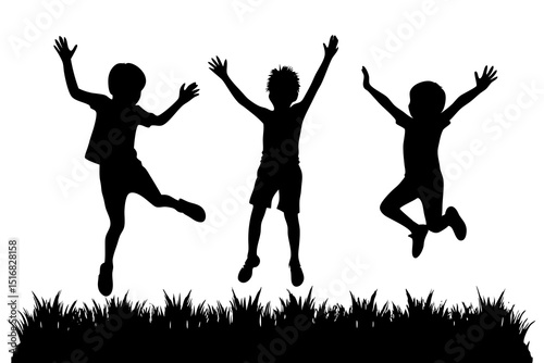 "Dynamic Silhouette of Three Jumping Figures – High-Resolution 8K Black and White Sky Scene"