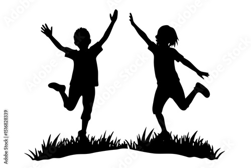 "Joyful Silhouette Jump – Two People Celebrating Outdoors in High-Contrast Minimalist Black and White"