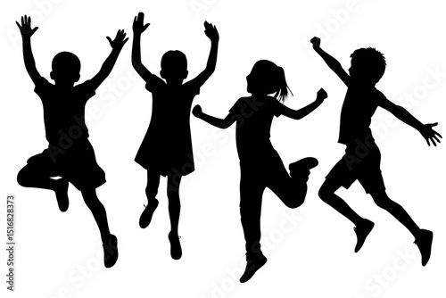 Jumping Children Silhouettes, Joyful Kids, Playful Vector Illustration
