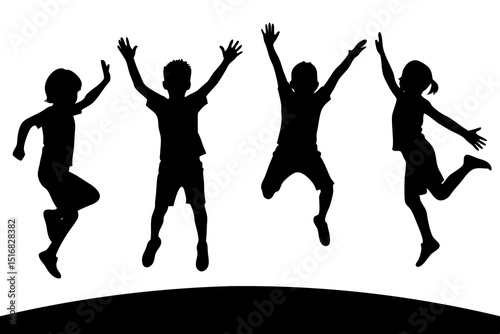 "3 Joyful Children Jumping Silhouettes – Minimalist Black and White Digital Art in Natural Light"