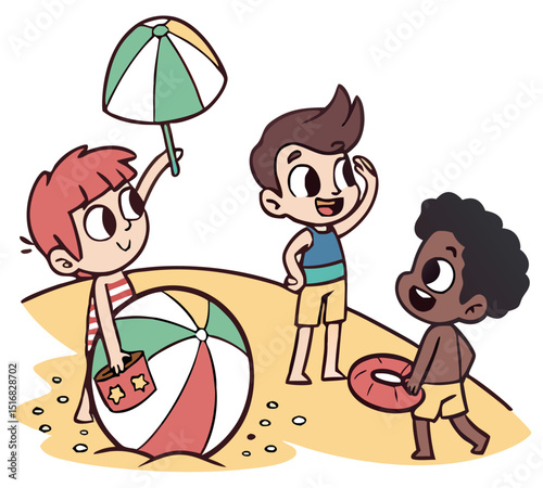 Happy children enjoying summer beach vacation with beach ball