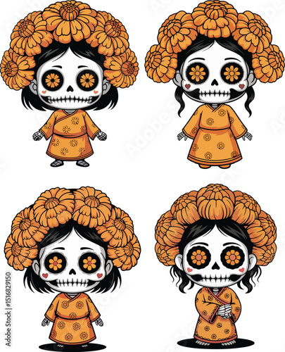 Four Cartoon Girls with Sugar Skull Faces and Orange Flower Crowns