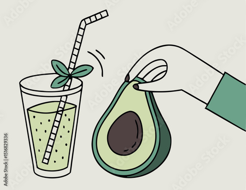 Healthy avocado smoothie with mint leaves and fresh avocado
