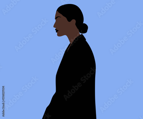Minimalist vector illustration of an African American woman with dark hair in a bun, wearing a black suit, in profile. Elegant professional character, sophisticated corporate style, modern graphic