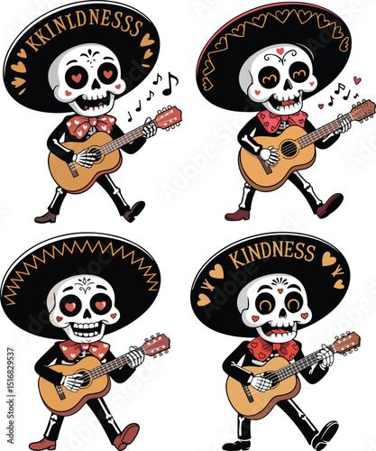 Four Cartoon Mariachi Skeletons Playing Guitars