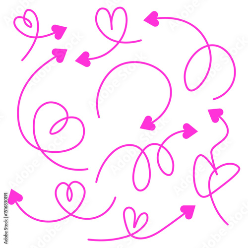 Set of hand drawn pink arrows with hearts on the tips