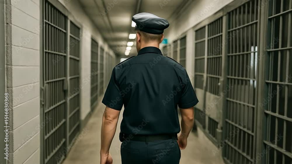 An officer walks through a dimly lit corridor of a prison, passing by rows of locked cells. The setting conveys a sense of vigilance and authority in maintaining order