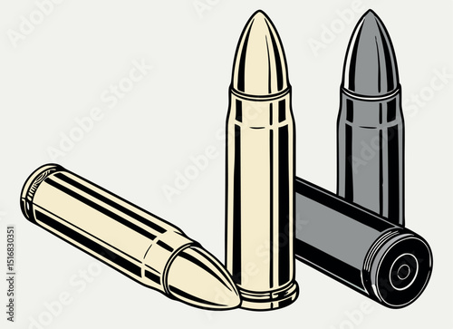 Illustrated bullets ammunition cartridges weapons military war conflict danger