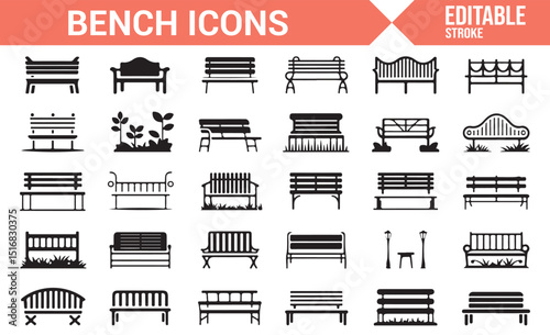 Modern Bench Icon Collection for Interior and Urban Design