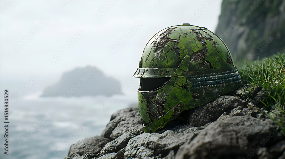 Fototapeta premium Antique Green Helmet On Rocky Coastline