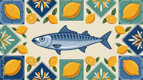 Summer. Lemons. Amalfi. Vector illustration of sardine fish, Mediterranean seamless pattern, Italian blue ceramics and tiles, lemons for invitation, poster, background, postage stamp or card 