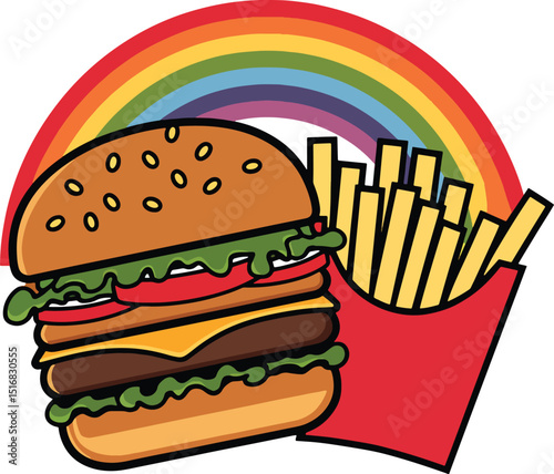 A burger and fries hugging under a rainbow