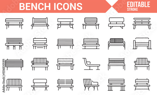 Vector Icons of Various Bench Styles for Outdoor and Indoor Design
