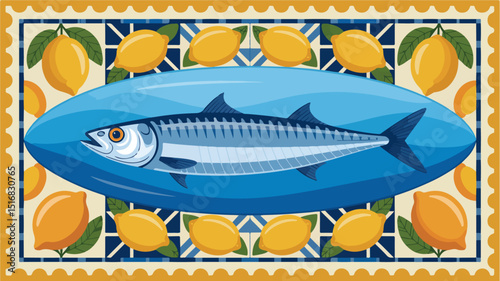 Summer. Lemons. Amalfi. Vector illustration of sardine fish, Mediterranean seamless pattern, Italian blue ceramics and tiles, lemons for invitation, poster, background, postage stamp or card 