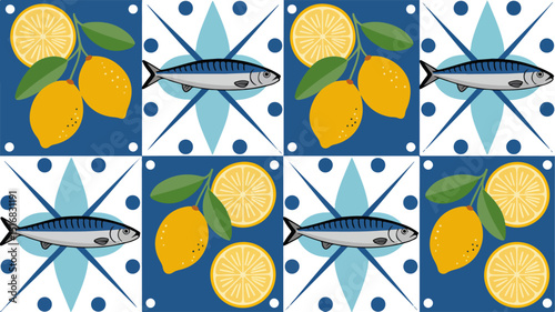Summer. Lemons. Amalfi. Vector illustration of sardine fish, Mediterranean seamless pattern, Italian blue ceramics and tiles, lemons for invitation, poster, background, postage stamp or card