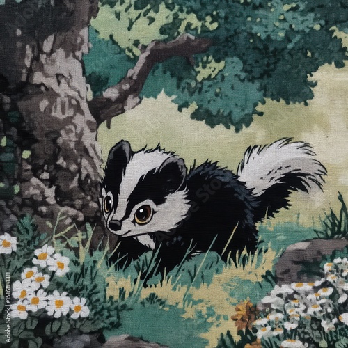 Cute cartoon badger exploring a colorful forest surrounded by flowers during a sunny day
