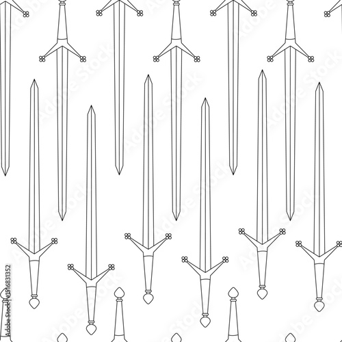 Seamless pattern of medieval swords with long straight blades and decorative crossguards. Hand drawn black outline style perfect for fabric, textile, coloring book with a historical or fantasy theme