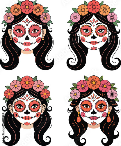 Four Female Cartoon Sugar Skulls with Flowing Hair and Flower Crowns