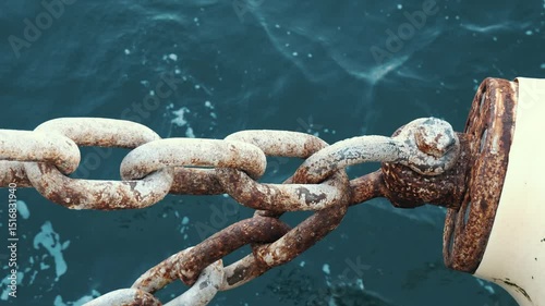 A strong ferry mooring chain bearing the traces of the sea and time. A close-up of these giant rusty rings that safely tether ships to the harbour in the busy waters of Istanbul.