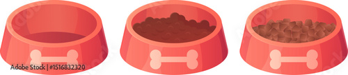 Vector illustration of three pet food bowls in cartoon style. One bowl is empty, while the other is filled with wet and dry pet food. Suitable for pet care, feeding time, and animal-related designs