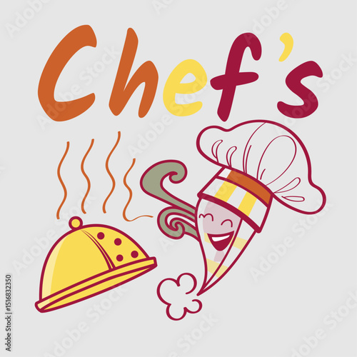 Cartoon chef character with steaming dish and playful expression  