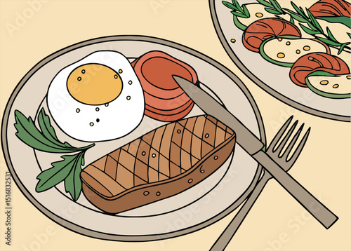 Illustration of a delicious breakfast plate with steak egg and salad