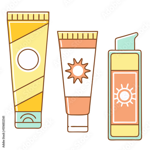Set of Sunscreen Bottles and Tubes – Vector Design on White Background

