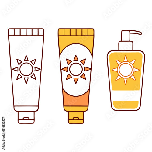 Set of Sunscreen Bottles and Tubes – Vector Design on White Background

