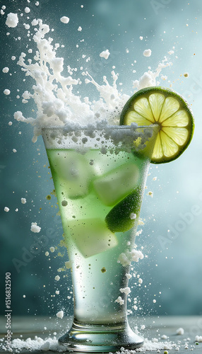 A tall glass of lime-infused cocktail splashes with ice cubes and mint leaves against a blurred studio backdrop.