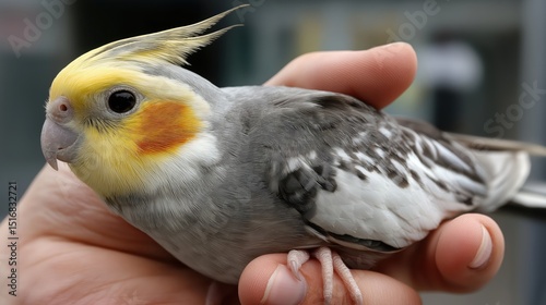 Cockatiel perched on owner's finger during a friendly moment at home in the afternoon